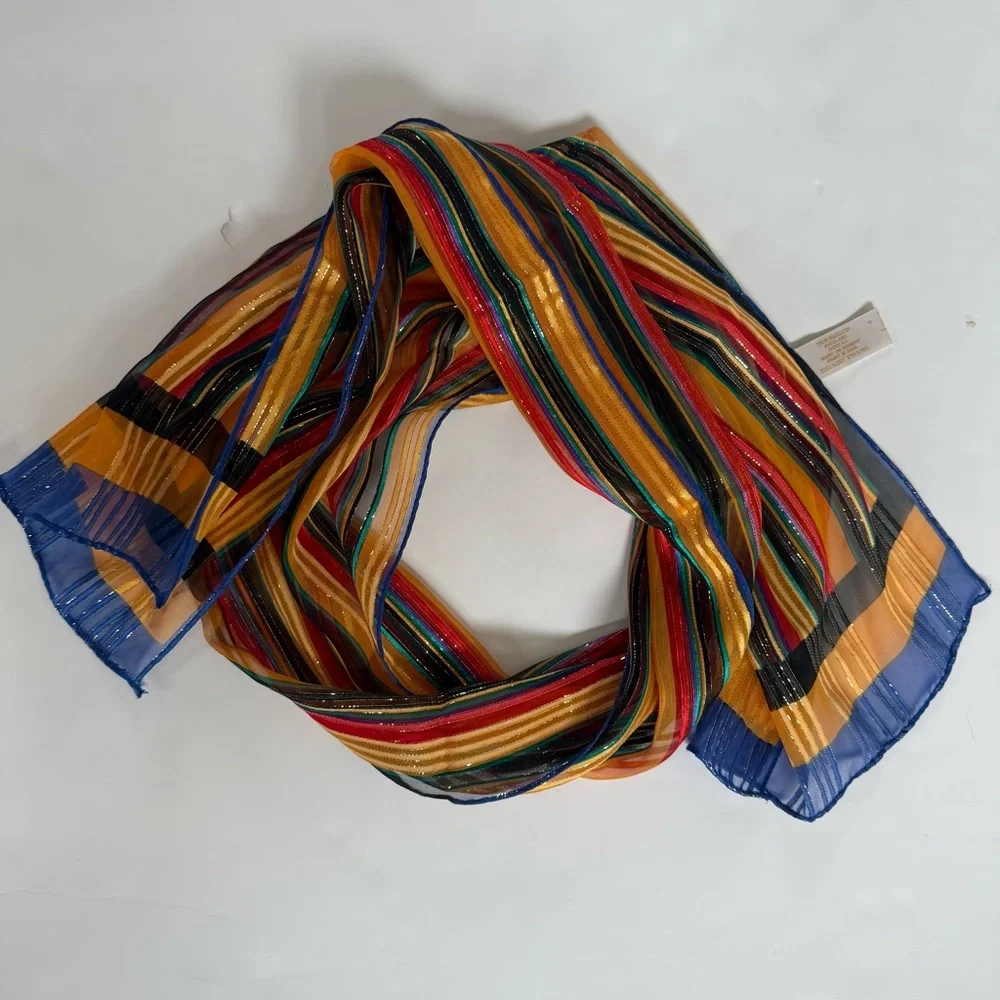 Elaine Gold For Collection XIIX Silk Scarf Multicolor‎ Striped Metallic Gold
